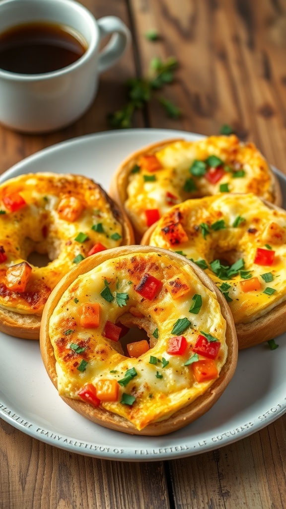 Quiche stuffed bagels filled with eggs, cheese, and vegetables, garnished with herbs on a rustic table.